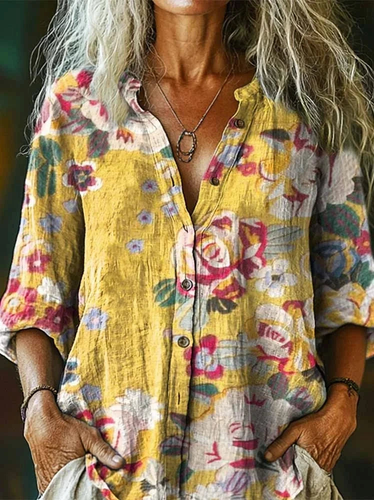 Women's Bohemian Floral Art Print Flowy Cotton Crew Neck Dress