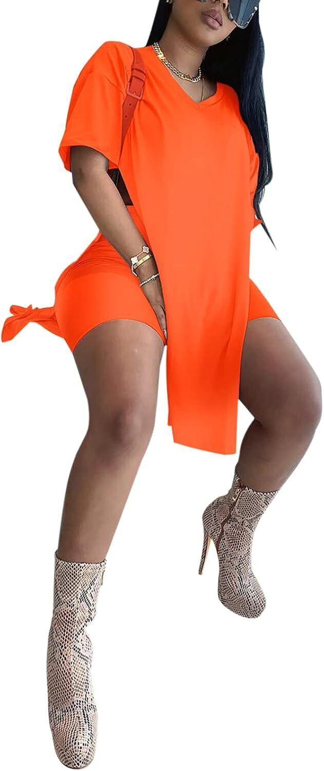 🔥LAST DAY 70% OFF💖Women’s Casual 2 Piece Outfits V Neck Side Split Tops and Shorts Set Tracksuit