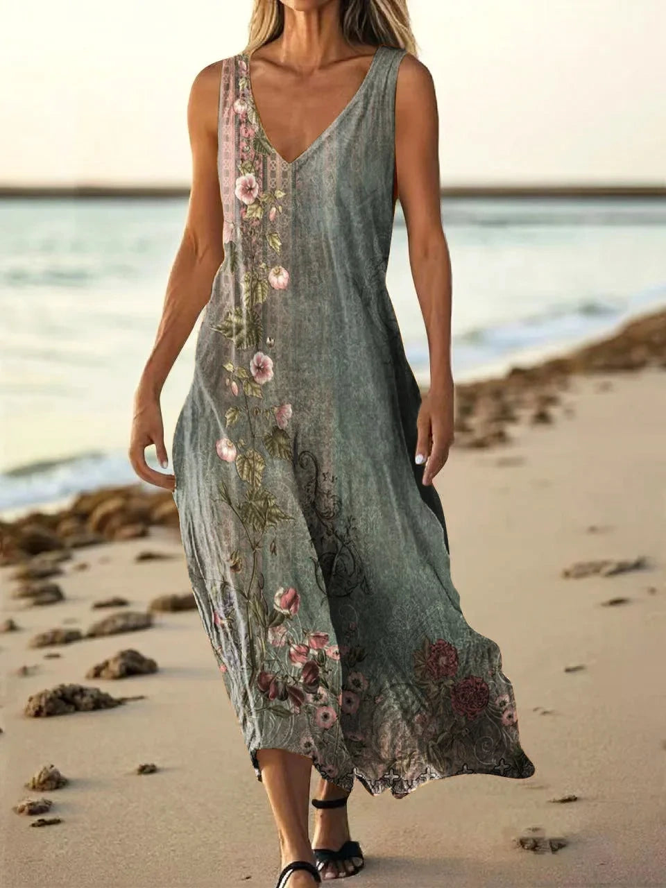 Women's Retro Ethnic Totem Art Pattern Print V-neck Sleeveless Pocket Cotton Dress