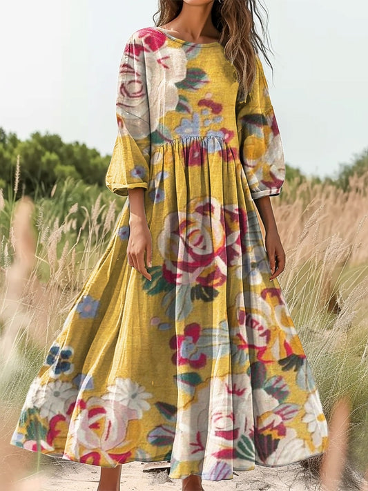 Women's Bohemian Floral Art Print Flowy Cotton Crew Neck Dress