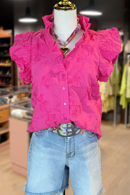 Floral Embroidered Ruffle Sleeve Top