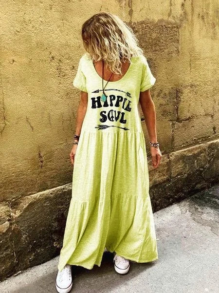 Letter Short Sleeve Crew Neck Boho Dress