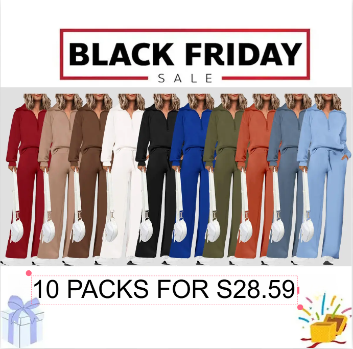 Women's 2 Piece Outfits Casual Lapel Half Zip Sweatshirts And Wide Leg Pants Tracksuit Sets