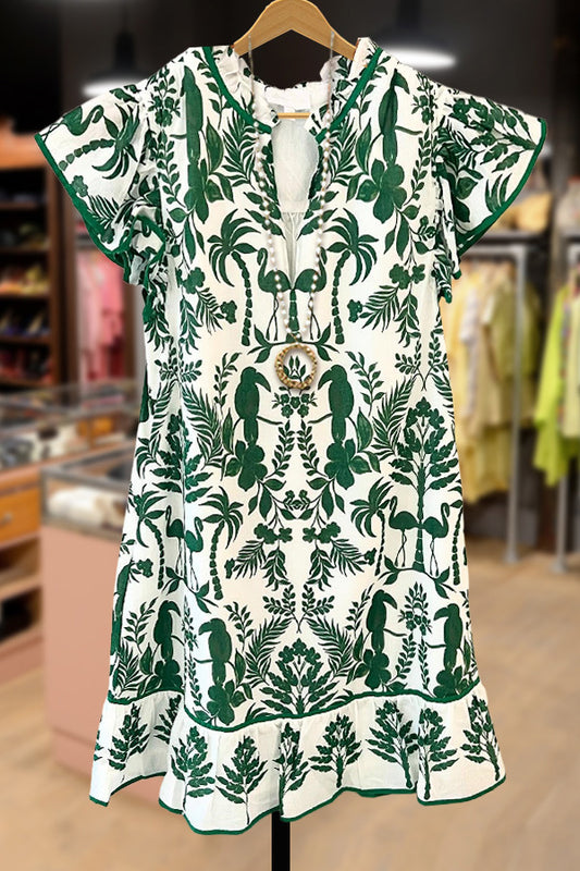 Tropical Print Flutter Sleeve Mini Dress
