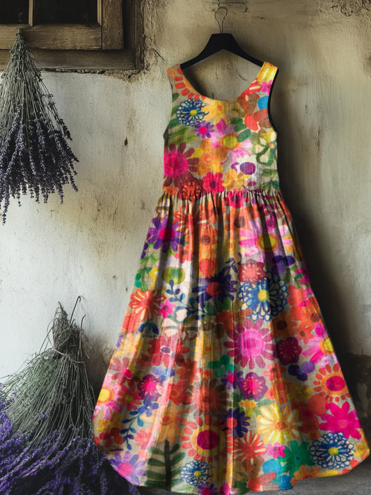 Women's Painting Floral Art Print Sleeveless Cotton Pocket Dress