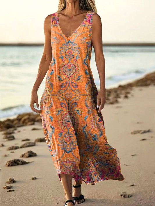 Women's Retro Ethnic Totem Art Pattern Print V-neck Sleeveless Pocket Cotton Dress