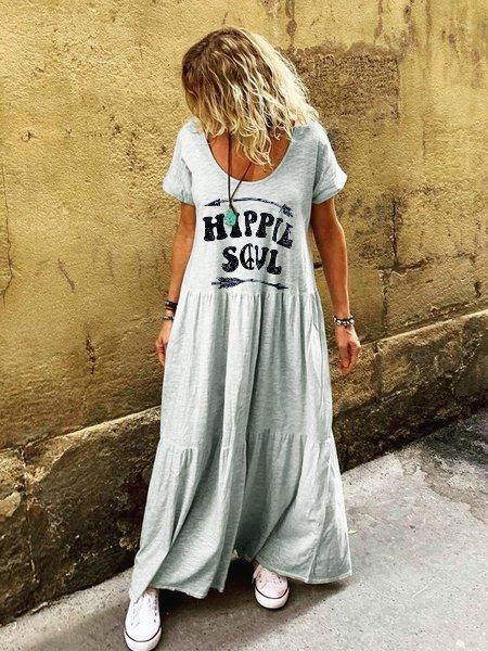 Letter Short Sleeve Crew Neck Boho Dress