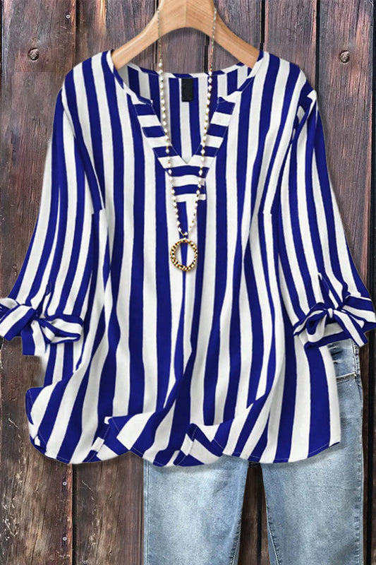 Casual Striped V-Neck Tied Sleeve Top