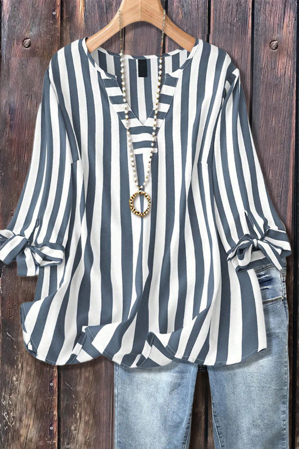 Casual Striped V-Neck Tied Sleeve Top