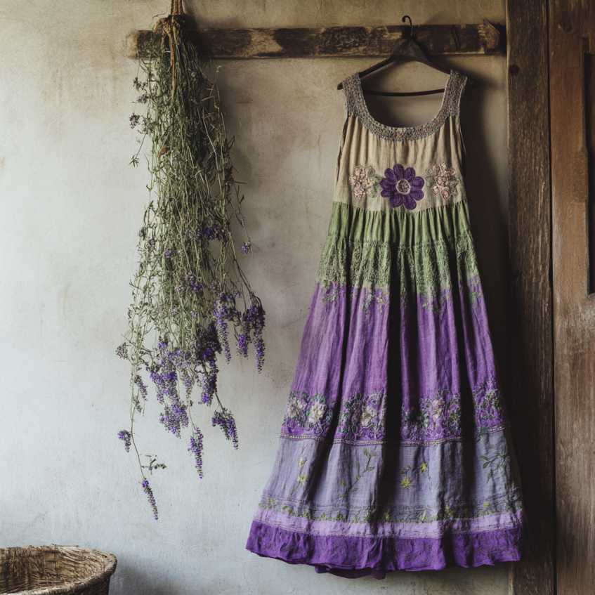 Vintage Bohemian Lavender Patchwork Art Printed Sleeveless Cozy Linen Maxi Dress