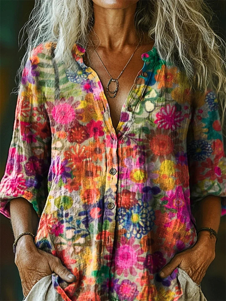 Women's Painting Floral Art Print Sleeveless Cotton Pocket Dress