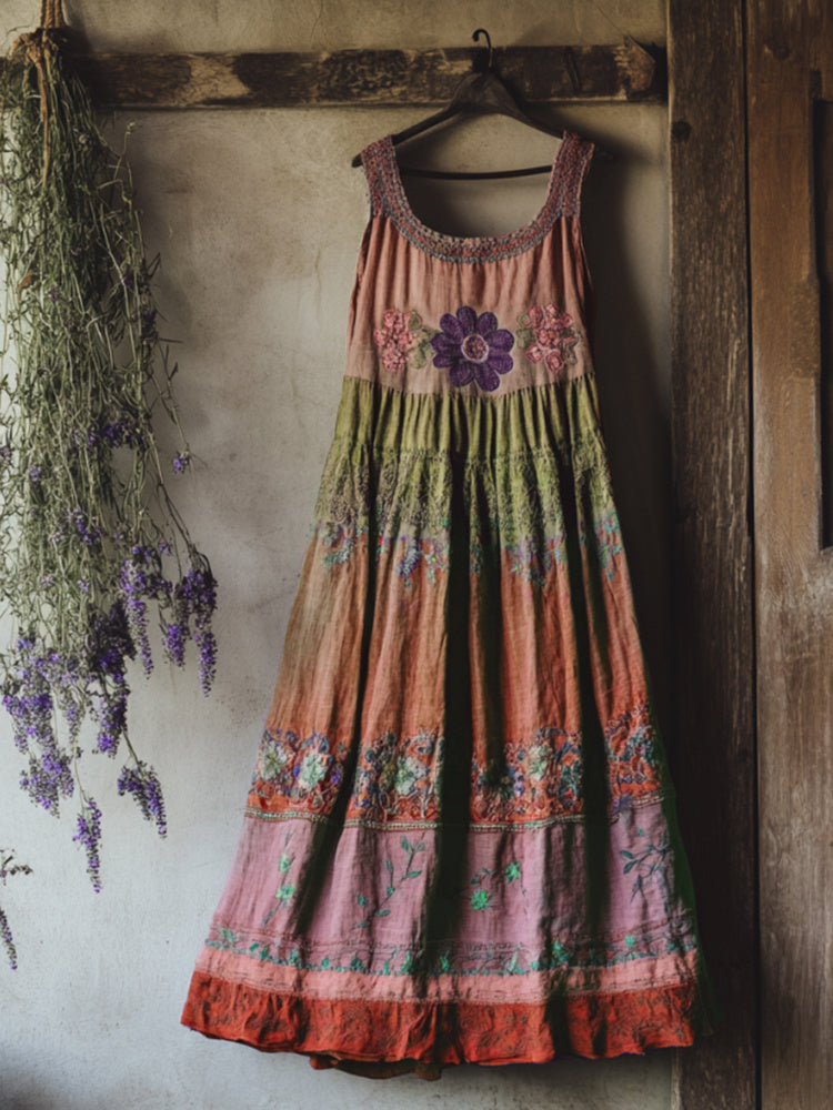 Vintage Bohemian Lavender Patchwork Art Printed Sleeveless Cozy Linen Maxi Dress