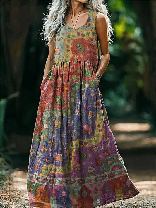 Womens Boho Floral Wave Collage Art Print Sleeveless Pocket Cotton Maxi Dress