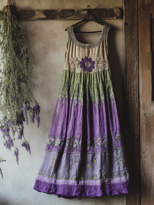 Vintage Bohemian Lavender Patchwork Art Printed Sleeveless  Cozy Linen Maxi Dress