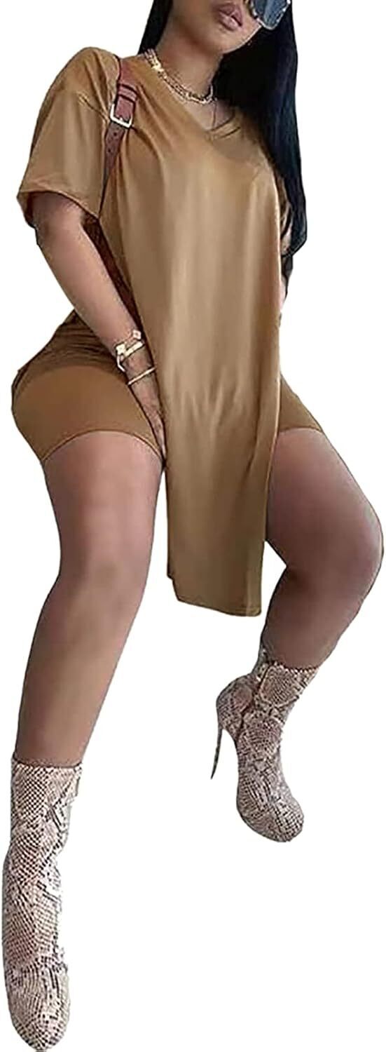 🔥LAST DAY 70% OFF💖Women’s Casual 2 Piece Outfits V Neck Side Split Tops and Shorts Set Tracksuit