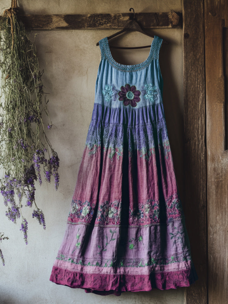 Vintage Bohemian Lavender Patchwork Art Printed Sleeveless Cozy Linen Maxi Dress