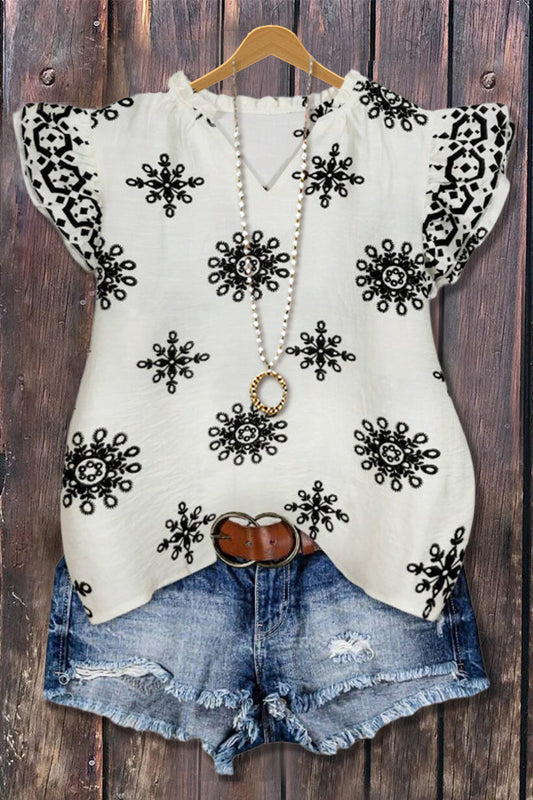 Chic Print V-Neck Ruffle Sleeve Top