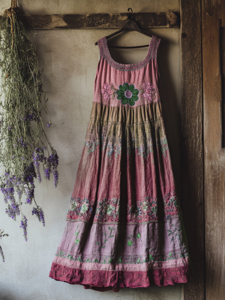 Vintage Bohemian Lavender Patchwork Art Printed Sleeveless Cozy Linen Maxi Dress