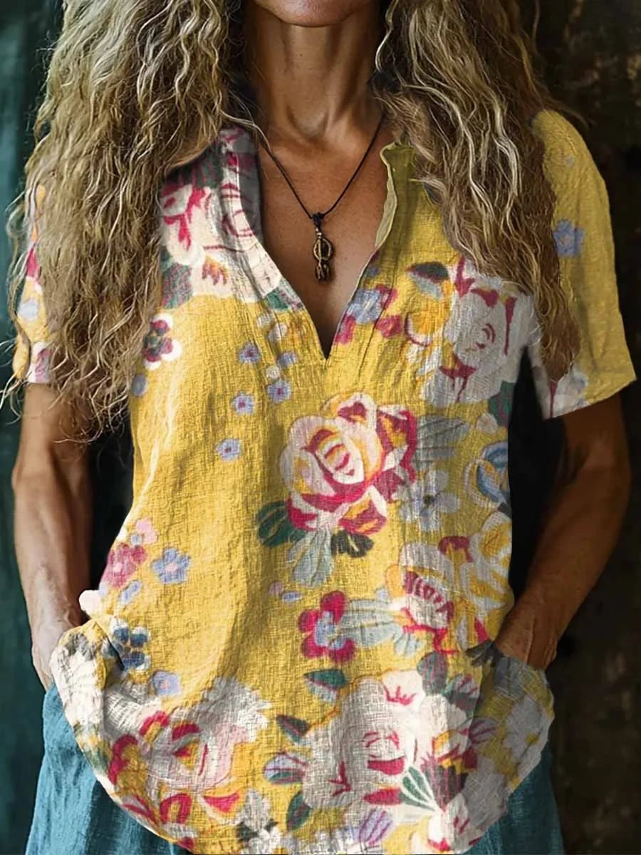 Women's Bohemian Floral Art Print Flowy Cotton Crew Neck Dress