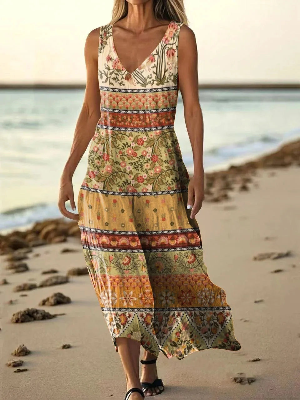 Women's Retro Ethnic Totem Art Pattern Print V-neck Sleeveless Pocket Cotton Dress