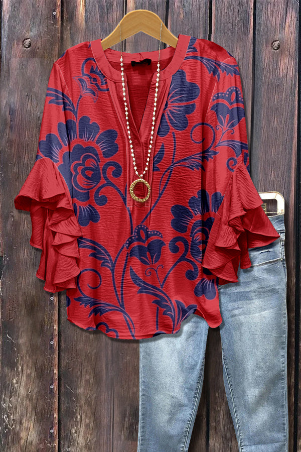Retro Floral Print Layered Ruffle Sleeve Top