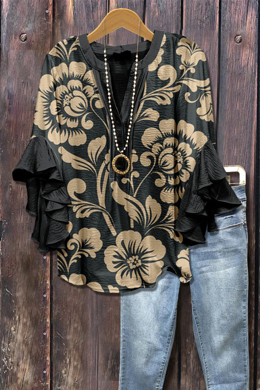 Retro Floral Print Layered Ruffle Sleeve Top