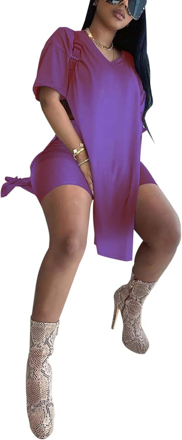 🔥LAST DAY 70% OFF💖Women’s Casual 2 Piece Outfits V Neck Side Split Tops and Shorts Set Tracksuit