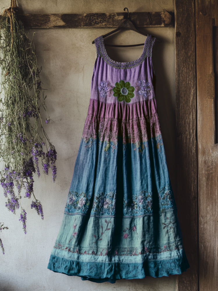 Vintage Bohemian Lavender Patchwork Art Printed Sleeveless Cozy Linen Maxi Dress