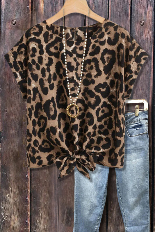 Leopard Print Knot Detail Short Sleeve Top