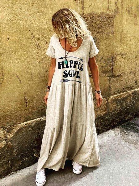 Letter Short Sleeve Crew Neck Boho Dress