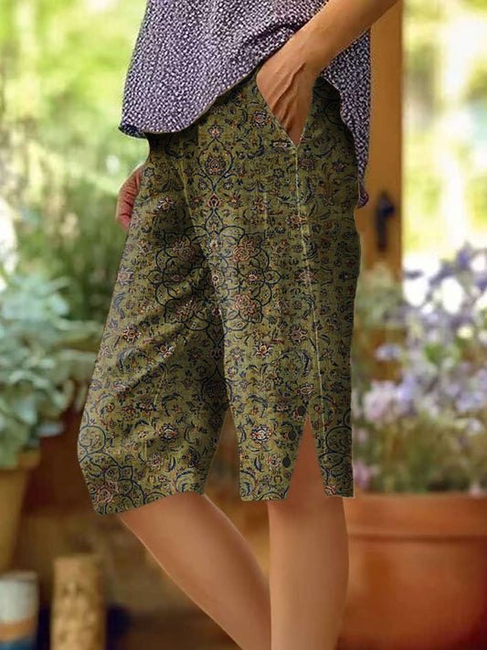 Women's Totem Floral Vintage Printed Cotton And Linen Casual Pants