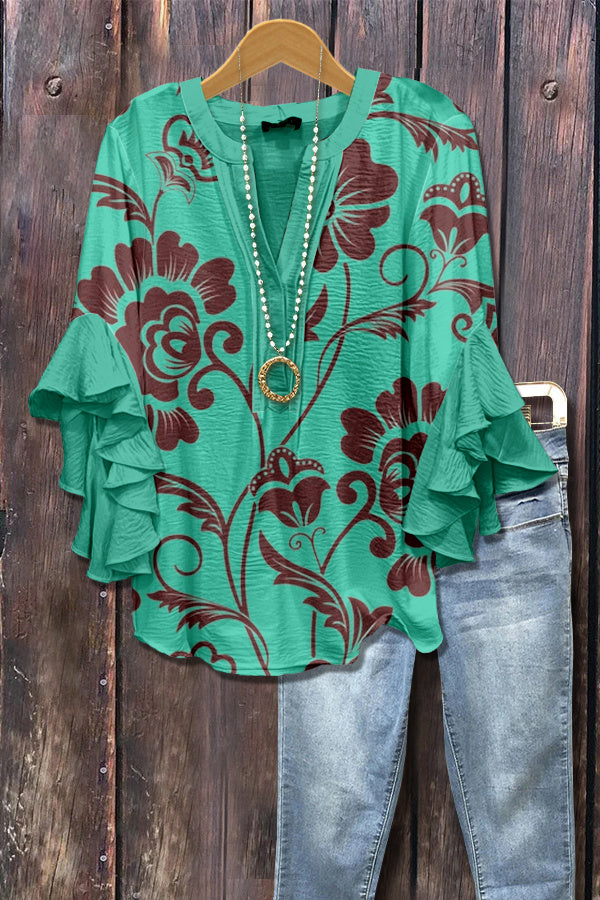 Retro Floral Print Layered Ruffle Sleeve Top