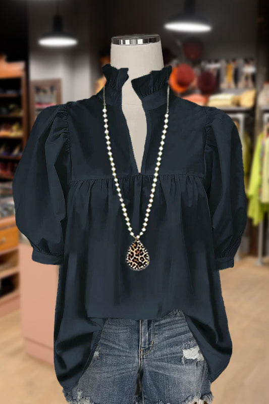 Casual Ruffle High Neck Puff Sleeve Top