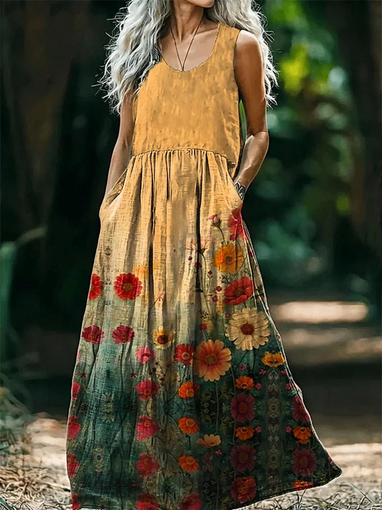 Womens Boho Floral Wave Collage Art Print Sleeveless Pocket Cotton Maxi Dress