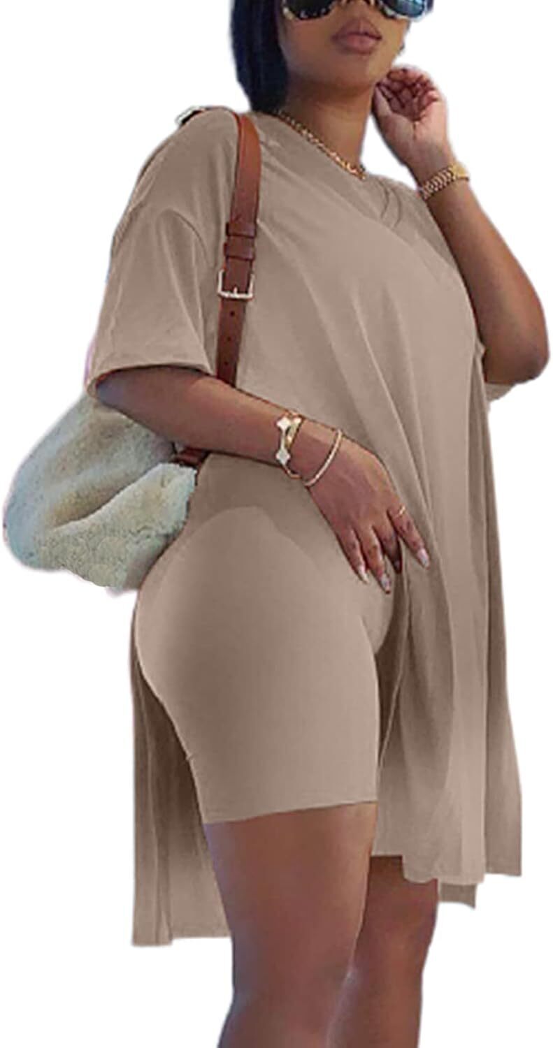🔥LAST DAY 70% OFF💖Women’s Casual 2 Piece Outfits V Neck Side Split Tops and Shorts Set Tracksuit