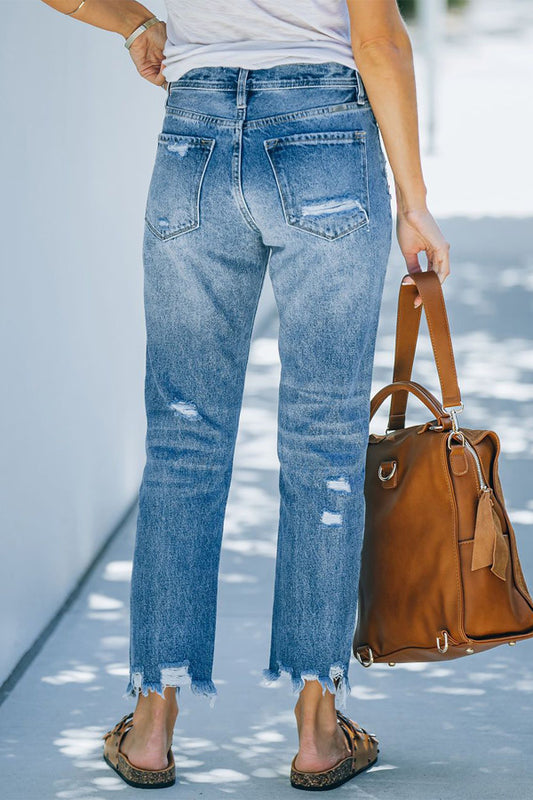 Wash Distressed Raw Hem Straight Leg Jeans