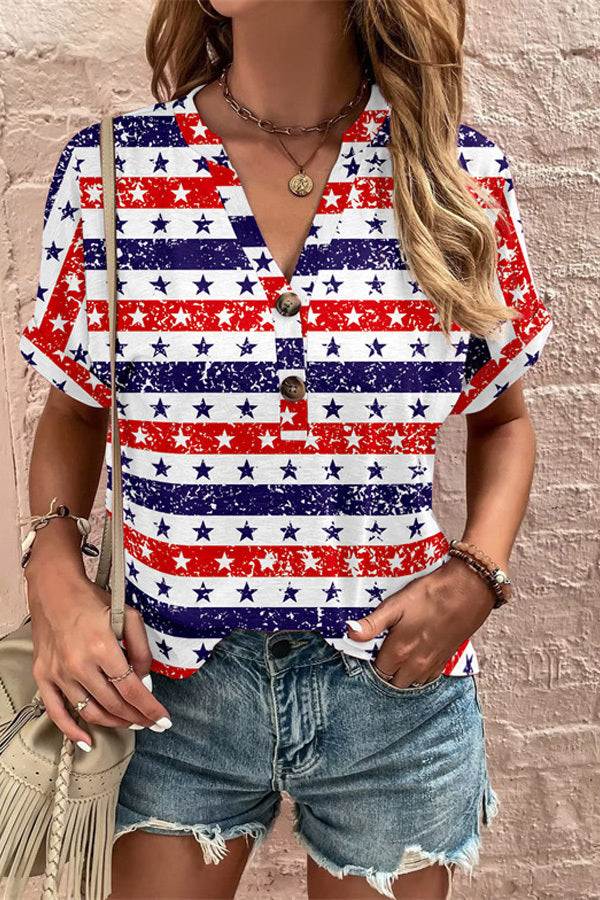 Floral Print Button Detailed V-Neck Top