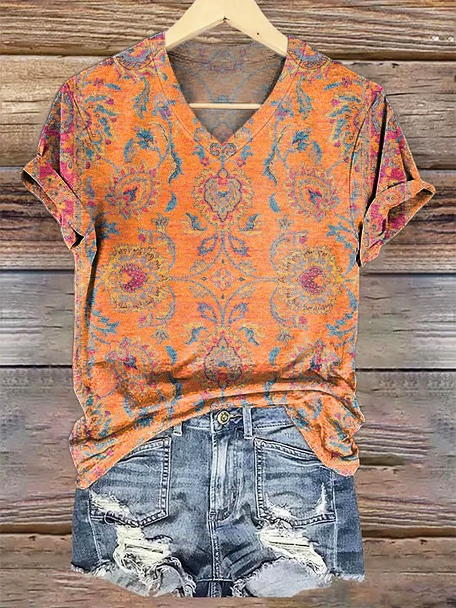 Women's Retro Ethnic Totem Printed Flowy Cotton Crew Neck Dress
