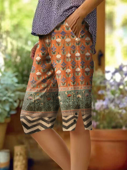 Women's Vintage Floral Collage Art Printed Cotton And Linen Casual Pants