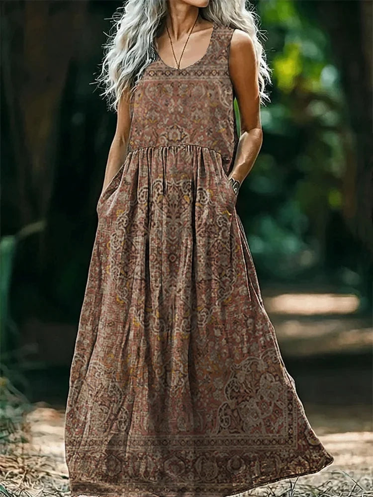 Womens Boho Floral Wave Collage Art Print Sleeveless Pocket Cotton Maxi Dress