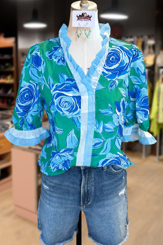Floral Print Ruffle Neck Puff Sleeve Top
