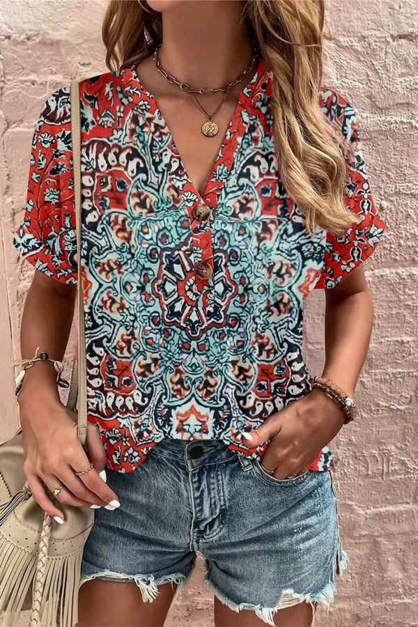 Floral Print Button Detailed V-Neck Top
