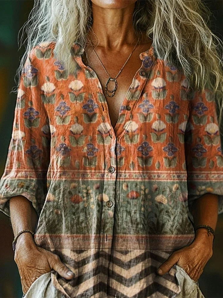 Women's Vintage Floral Collage Art Printed Cotton And Linen Casual Pants