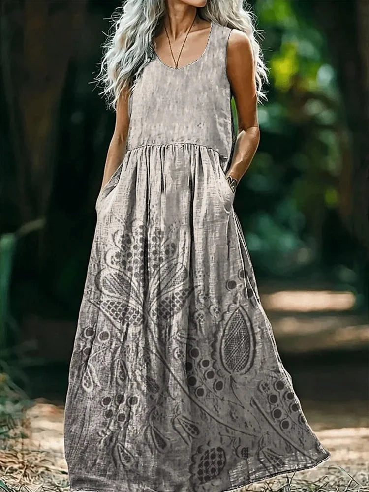 Womens Boho Floral Wave Collage Art Print Sleeveless Pocket Cotton Maxi Dress