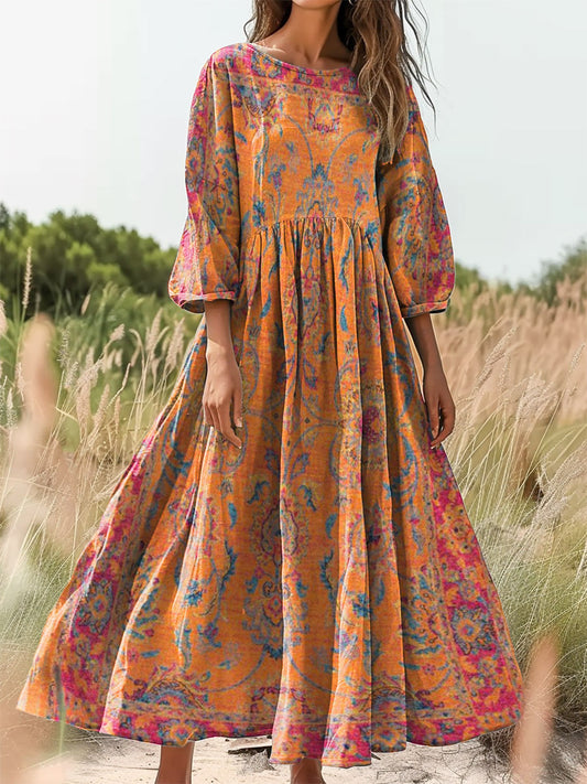 Women's Retro Ethnic Totem Printed Flowy Cotton Crew Neck Dress