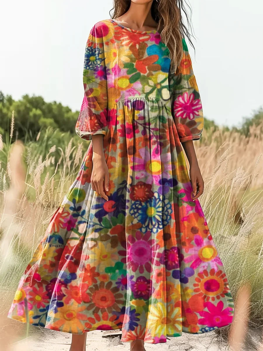 Women's Painting Floral Art Print Sleeveless Cotton Pocket Dress
