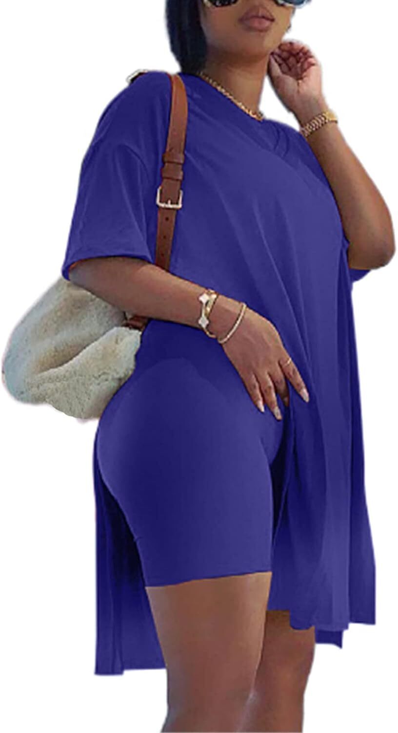 🔥LAST DAY 70% OFF💖Women’s Casual 2 Piece Outfits V Neck Side Split Tops and Shorts Set Tracksuit